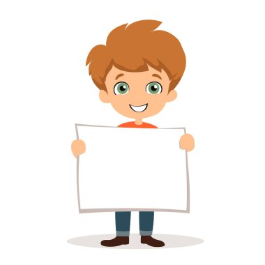 Genç çizgi film çocuğu elinde boş bir tabela tutarak gülümsüyor. Neşeli çocuk boş afiş, hazır metin sunuyor. Mutlu çocuk beyaz pankart sergiliyor, özelleştirilebilir poster