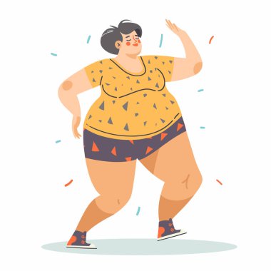 Artı, renkli çizgi film tarzında dans eden cüsseli bir kadın. Kadın kendinden emin mutlu dansçı vücut pozitifliği, kutlama. Günlük kıyafet aktif hareket neşeli karakter eğlencesi