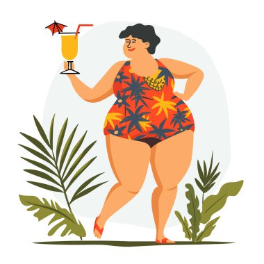 Artı, tropikal tatilden hoşlanan, elinde kokteyl tutan, renkli mayo giyen, etrafı sarılı bir kadın. Neşeli kıvrımlı kadın yaz tatili, kendinden emin, vücut pozitifliğini kutlayan, tropikal