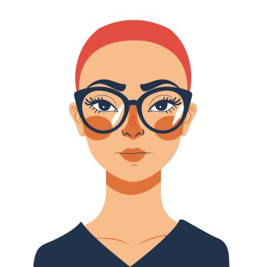 Genç bir kadın, kızıl saçlı, büyük gözlükler, kendine güvenen bakışlar, çiller, ciddi bir ifade. Kalın siyah göz giysisi, minimalist tarzda, mavi gömlek, izole edilmiş beyaz arka plan. Resim çizimi