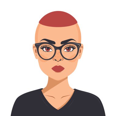 Genç bayan karakter kızıl saçlı, büyük gözlüklü, ciddi bir ifade. Modern tarz, milenyum kadını, günlük kıyafet, moda, dijital portre. Profesyonel bayan, kendine güvenen, soyutlanmış beyaz.