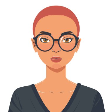 Gözlük takan genç bir kadın portresi, şık kısa saçlı. Kendine güvenen bir kadın, zeki bir görünüm, tarafsız bir ifade, profesyonel. Modern grafik, avatar, ofis çalışanı, sade arka plan