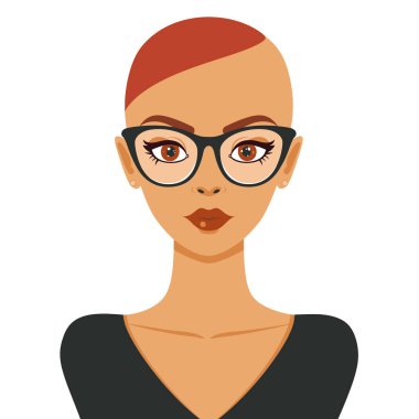 Kadın gözlüklü, kızıl saçlı, izole beyaz arkaplan. Genç Afrikalı Amerikalı kadın, kısa saçlı, şık, modaya uygun, portresi var. Kendine güvenen bir iş kadını, profesyonel kıyafetler.