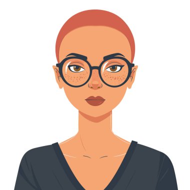 Genç, Afrikalı, kendine güvenen, gözlüklü bir kadın. Kadın portresi, vektör illüstrasyonu, profesyonel akademik görünüş. Siyah kadın ciddi bir yüz, iş kıyafeti, soyutlanmış beyaz bir arka plan.