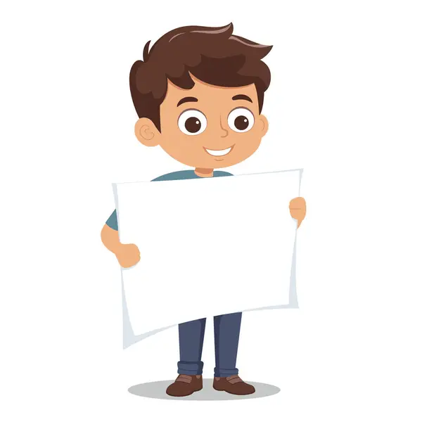 Young Cartoon Boy Holding Blank Sign Smiling Brown Hair Happy — Stock Vector