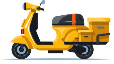 Yellow delivery scooter cartoon illustration. Modern urban transport food parcel delivery vector graphic. Isolated white background, twowheeler without riders clipart