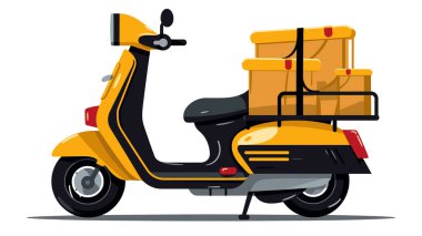 Yellow delivery scooter carrying packages ready dispatch. Delivery vehicle ensures quick transportation parcels, goods. Cartoon style motorbike loaded brown boxes, express courier service clipart