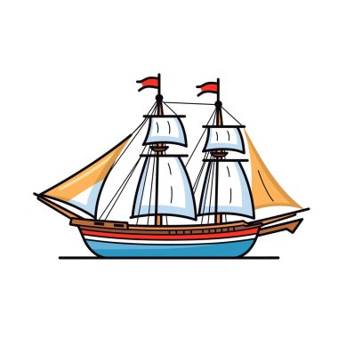 Yelkenli gemi çizimi, çizgi film çizimi. Eski moda yelkenli, beyaz yelkenliler, kırmızı bayraklar. Deniz aracı beyaz arkaplanı izole etti