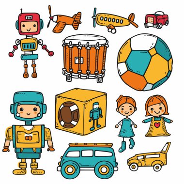 Renkli karalama oyuncakları, içinde robotlar, araçlar, müzik aleti, futbol topu, küp astronot, erkek, kız bebekler bulunan oyuncaklar oynar. El çizimi biçimi, çocuklarla ilgili grafikler