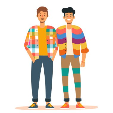 Two young men standing together, one wearing colorful plaid shirt, both smiling. Casual fashion, friendship concept, modern male characters. Stylish casual male friends, happy young adults, trendy clipart
