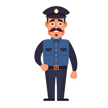 Erkek polis memuru, üniforma, bıyık ve şapka rozeti takıyor. Çizgi film tarzı bir polis gülümsüyor, güvenlik ve kolluk kuvvetlerini simgeliyor. İzole edilmiş beyaz arkaplan profesyonelliği artırır