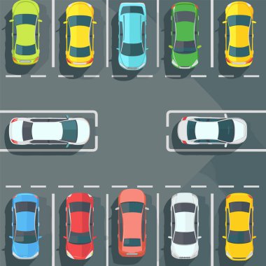 Üstteki manzaralı otopark arabaları parketmiş. Renkli makineler dizayn edilmiş birden fazla araç. Çizgi film stili grafik park alanı çeşitli otomobiller