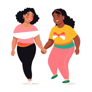 İki neşeli kadın el ele yürüyorlar, ikisi de kıvırcık saçlı, gülümseyen, renkli giyinmiş. Afro-Amerikalı kadınlar birlikte eğleniyor, arkadaşlık konsepti, mutlu farklı karakterler. Arkadaşlar