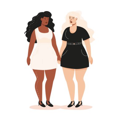 Birlikte duran iki kadın, bir siyah beyaz elbise, Kafkas siyah elbise, ikisi de kendine güvenen bakışlar. Yetişkin arkadaşlar çeşitli etnik kökenlere sahipler. El ele tutuşuyorlar. Birlik beraberliği gösteriyorlar. Tam uzunluk resimlemesi