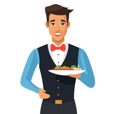 Gülümseyen garson hazır yemek müşterilere mükemmel servis restoranı konukseverliği sunar. Dost canlısı erkek sunucu yeleği papyonu profesyonel yemek servisi konseptini sunar. Gülümsüyor
