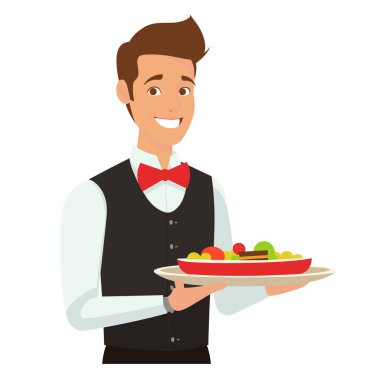 Gülümseyen garson hazır yemek müşterilere mükemmel servis restoranı konukseverliği sunar. Dost canlısı erkek sunucu yeleği papyonu profesyonel yemek servisi konseptini sunar. Gülümsüyor