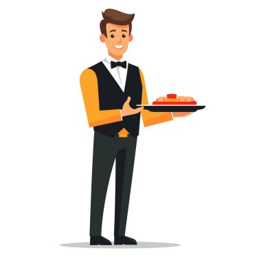 Garson lezzetli salata servisi yapıyor, gülümseyen erkek restoran personeli yemek sunuyor. Güzel giyimli Kafkas garson taze yemek, konukseverlik profesyonel işi teklif ediyor. Yelek papyon resmi yemek giyinir.