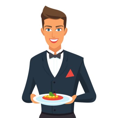 Waiter serving delicious salad, smiling male restaurant staff presenting dish. Smartly dressed Caucasian waiter offering fresh meal, hospitality professional work. Vest bow tie attire formal food clipart