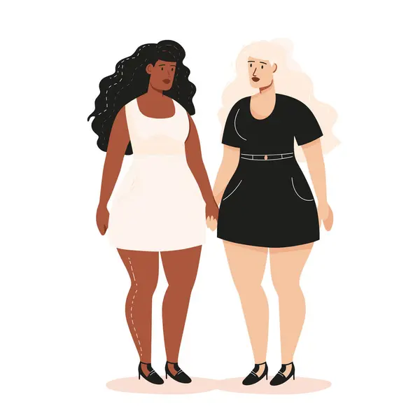 Dos Mujeres Pie Juntas Vestido Blanco Negro Vestido Negro Caucásico — Archivo Imágenes Vectoriales