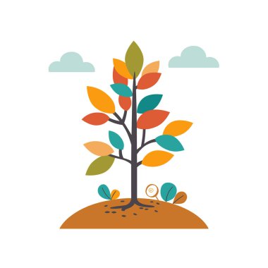 Renkli ağaç vektör çizimi, sonbahar sonbahar sonbahar konsepti. Basit tasarım, mevsimsel bitki grafikleri salyangoz detayı, düz stil. Sıcak renkler, yarı dairesel tepe, izole edilmiş beyaz arkaplan