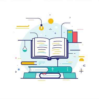 Masa lambası altında açık kitap istirahatı renkli kitaplar, konsept öğrenim eğitimi. Çizim düz stil tasarımı, kitaplar çeşitli boyutlarda tema canlı renkleri öğrenme. Okumayı gösteren yaratıcı vektör