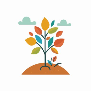 Renkli stilize ağaç yaprakları büyüyen toprak, büyüyen doğayı sembolize ediyor. Soyut tasarım ağacı renkli yaprak düz izole edilmiş beyaz arkaplan. Tarz verilmiş mevsimsel renkler, basit