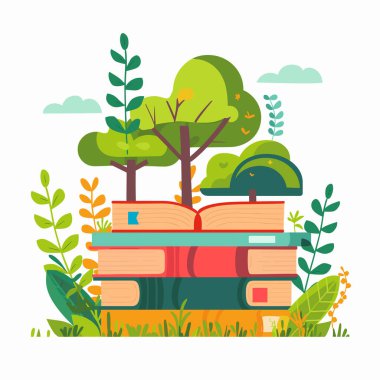 Renkli vektör illüstrasyonu yeşillik bitkilerini çevreleyen kitapları istifledi. Doğadan esinlenildi. Kitaplar temel tuhaf ağaç yaprakları oluşturur, bilginin büyümesini sembolize eder. Canlı renkler