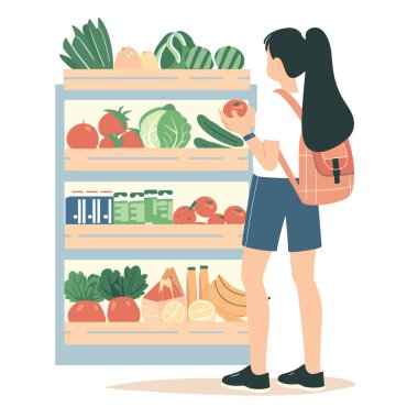 Kadın markette sebze süpermarketi seçiyor. Kadın müşteri domates ürünlerini organik gıda bölümünde inceliyor. Asyalı kadın günlük kıyafet alışverişi. Taze meyve sebzeleri.