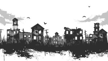 Monochrome cityscape ruins sketch, abandoned buildings, flying birds, grunge texture, postapocalyptic scene. Black white urban destruction illustration, desolate town, eerie atmosphere, dilapidated clipart
