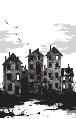 Grunge tarzı terk edilmiş evler kırılmış camlar harap olmuş binalar çürümüş şehir konsepti. Issız evlerin yanında uçan kara kuşlar kasvetli atmosfer monokrom paleti. Sanatsal tasvir mahvoldu