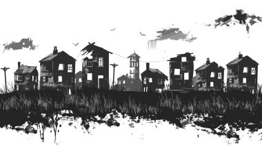 Monochrome vector illustration depicting urban decay dilapidated houses towering church, artistic grunge effect. Stark black white contrast highlights abandoned architecture, desolation theme clipart