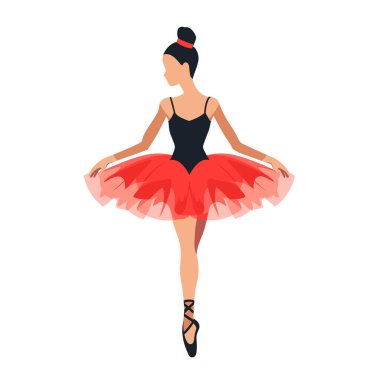 Kadın balerin, siyah mayo ve kırmızı etek giyiyor. Balerin saç topuzu, izole edilmiş beyaz arka planda dans eder. Zarif duruş genç dansçı, bale kıyafeti
