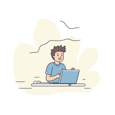 Genç erkek çizgi film karakteri dizüstü bilgisayar kullanıyor, gülümsüyor, teknolojik eğlence kavramı, basit bir geçmişi var. Mutlu gençlik gündelik kıyafetleri çevrimiçi aktiviteler, teknolojik gençlik yaşam tarzı. Neşeli çocuk.