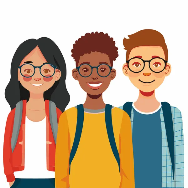 stock vector Three diverse students smiling, wearing glasses backpacks. Friendly multicultural group, young adults, casual attire, cheerful expression. Diverse teens together, friendship, unity, bright colors