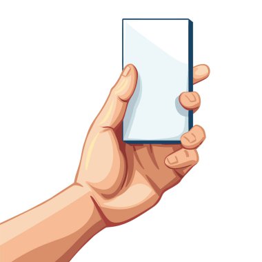 El ele tutuşan akıllı telefon boş ekran gösteriyor, içerik gösterimi hazır. Çizgi film temsilcisi insan eli akıllı telefon etkileşimi, teknoloji konsepti. Vektör izole edilmiş beyaz arkaplan