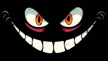 Ürkütücü gülümseyen çizgi film yüzü, tehditkar sırıtan kırmızı gözler. Korkunç Cheshire Kedisi 'nin karanlık bir geçmişi var. Kötü niyetli ifade, yaramaz karakter grafik tasarımı