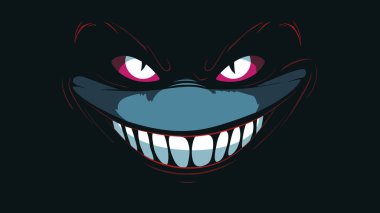 Ürkütücü gülümseyen çizgi film yüzü, tehditkar sırıtan kırmızı gözler. Korkunç Cheshire Kedisi 'nin karanlık bir geçmişi var. Kötü niyetli ifade, yaramaz karakter grafik tasarımı
