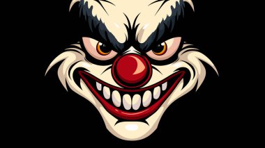 Evil clown face showing menacing smile teeth sharp fierce expression scary makeup. Horror themed graphic, clown horror face red nose white paint dark background. Sinister illustration creepy clipart