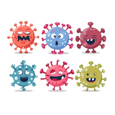 Altı çizgi film virüsü karakteri çeşitli duygu renkleri sergiliyor, patojenleri temsil ediyor. Şirin mikroplar tuhaf yüzler sergilerler, hastalık enfeksiyonu esprisi yaparlar. Canlı renkli mikrop maskotları