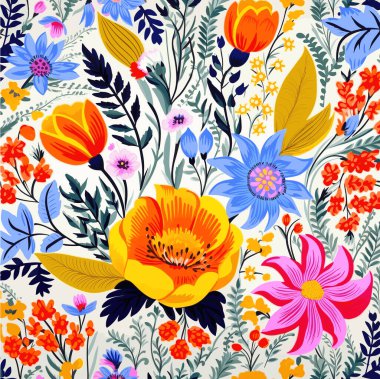 Renkli çiçek desenleri, canlı çiçekli yapraklar. Büyük sarı gelincik pembe çiçek mavi çiçeklerin ve yeşil yaprakların arasında dizayn ediliyor. İdeal kumaşlar, duvar kağıtları, kırtasiye malzemeleri.