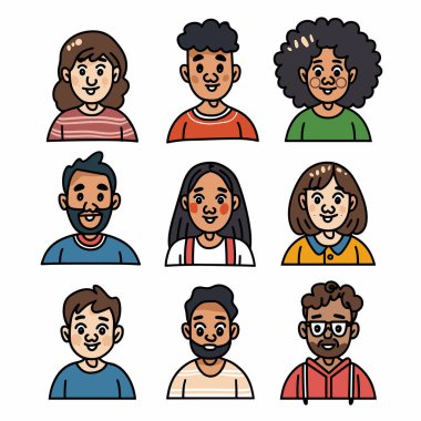 Dokuz farklı çizgi film karakteri farklı etnik kökenleri, cinsiyetleri, saç stillerini ve yüz ifadelerini temsil eder. Erkek kadın gülümsemesi, gündelik kıyafet dikkat çekici, basit renkli stil, avatar bireysellik sergiler