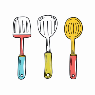 Beyaz arka planda üç renkli mutfak malzemesi var. Elle çizilmiş spatula, çırpılmış çırpma, kaşık kıvrımlı saplar. Aşçılık araçları çizgi film çizim çizim çizim biçimi