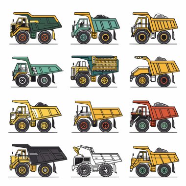 Set colorful dump trucks various designs. Industrial mining equipment loads illustrated. Heavy machinery construction, transportation theme clipart