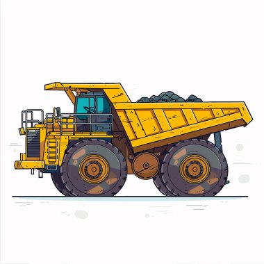 Sarı damperli kamyon, karikatür tarzı taşlarla dolu beyaz arka plan. İnşaat, ağır makineli araç karikatür çizimi. Ayrıntılı çizim nakliye kamyonu maden araçları vektörü çizimi