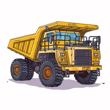 Sarı damperli kamyon çizimi, inşaat aracı çizgi film stili. Büyük bir nakliye kamyonu ağır makineler madencilik ekipmanları yan görüntüsü. Güçlü boşaltım mühendisliği nakliye devi lastikler.
