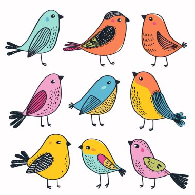 Çeşitli pozlarda duran renkli kuşlar koleksiyonu. Değişik renkler, sanatsal desenler.