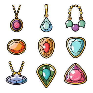 Collection cartoon jewelry charms colorful gemstones. Various shapes pendants necklaces vibrant hues isolated white background. Fashion accessories gems cartoonish style colorful ornaments clipart