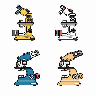 Dört renkli mikroskop vektör çizimleri, farklı renk şemaları. Laboratuvar ekipmanları çizgi film stili. Parlak renkli mikroskoplar uygun eğitici içerik