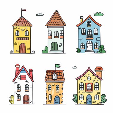 Altı renkli çizgi film evi, kendi stili, kapılar, pencereler, çatı, bulutlar gibi küçük detaylar. Parlak renkli, kaprisli konut binaları çocuk dostu eğlence tarzını yansıtıyordu. Antika