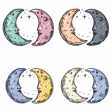 Four crescent moons facing other, colorful cartoon style, celestial bodies. Different colors pairs, starry sky elements, handdrawn moons. Moons exhibit facial features, colored green, pink, orange clipart